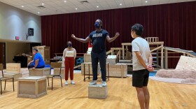 Will Mann, Ezioma Asonye, Kambi Gathesha and Joe Ngo [left to right] rehearse a scene from 'Mlima's Tale.' [6/1/21]