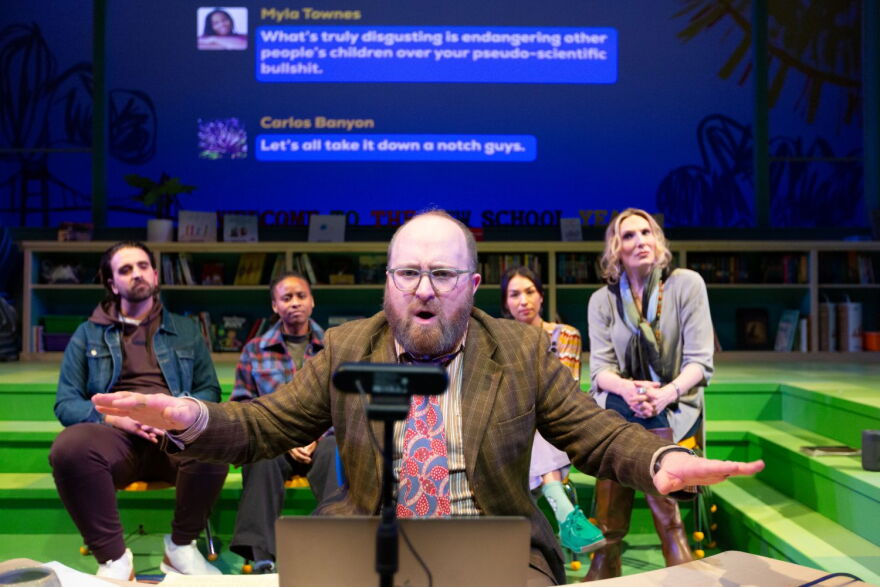 Foreground: Gabriel Graetz (Don); Background, L to R: Benjamin Grills (Eli), Daraja Hinds (Carina), Jihan Haddad (Meiko), Deb Martin (Suzanne)