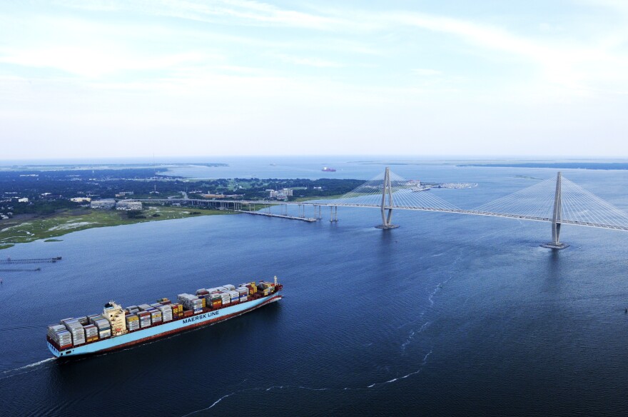 A Maersk Line container ship approaching the ravenel bridge in Charleston.