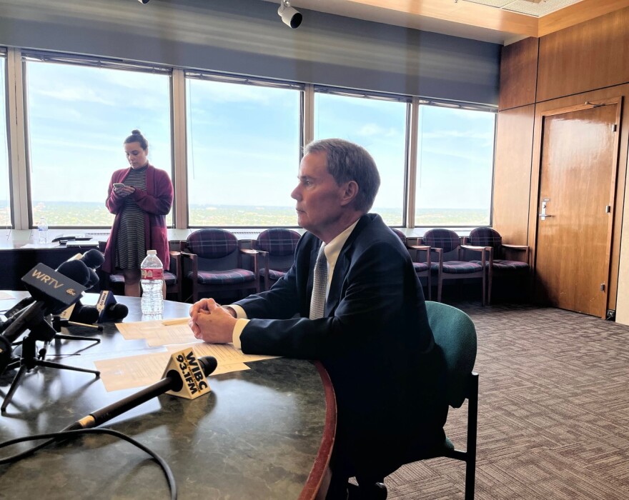 Mayor Joe Hogsett addresses sexual harassment claims at a press event.