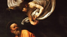 Realism painting of a bearded man looking up at a cherub