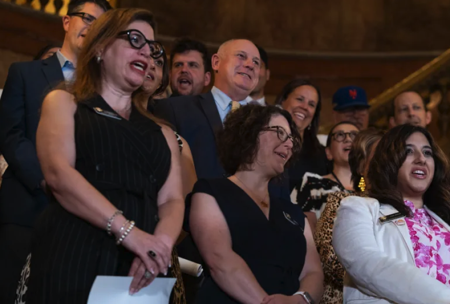Democrats gather at a news conference about the 2025 special legislative session at the Colorado Capitol in Denver on Aug. 21, 2025.