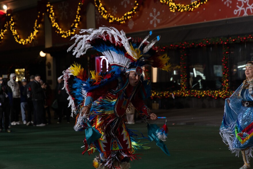 Two days before the Macy’s Thanksgiving Day Parade, on Nov. 26, 2024, Indigenous Enterprise practices their parade routine in full regalia in front of NBC’s set in New York City.