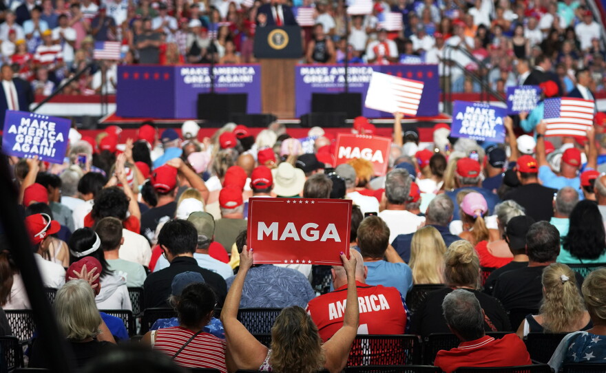 Supporters watch President Donald Trump at the rally for Sen. Darline Graham at the Myrtle Beach Convention Center on Aug. 21, 2026.