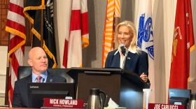 Jacksonville Mayor Donna Deegan stands beside Council President Nick Howland while presenting the proposed 2026-2027 budget to City Council on Monday, July 20, 2026. (Mike Mendenhall, Jacksonville Today)
