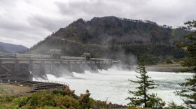 Water rushing through a dam in front of a hill. 