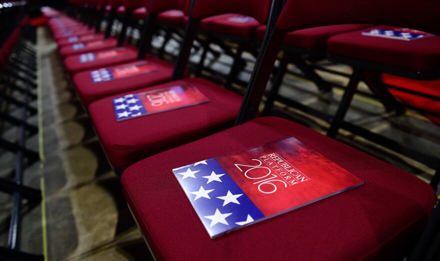 The formal printed 2016 Republican platform is placed on the chairs of the state delegates on the floor of the Republican National Convention on July 18, 2016, in Cleveland. One part of the platform that changed was about U.S. assistance to Ukraine.