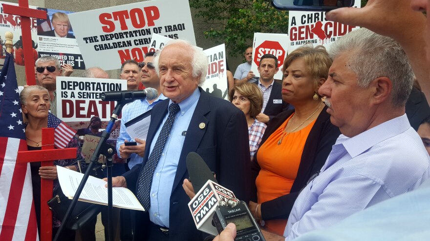 Congressman Sander Levin speaking at the protest in support of the Iraqi-americans who were detained by ICE.