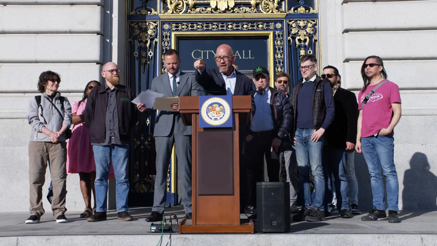 District 8 Supervisor Raphael Mandelman announces upcoming legislation to allow Amsterdam-like cannabis clubs in San Francisco. He is joined by state-level supporter and Assemblymember Matt Haney (l), Will Dolan of HYRBA and Drakari Donaldson of California Street Cannabis Co., along with Cannabis Alliance supporters