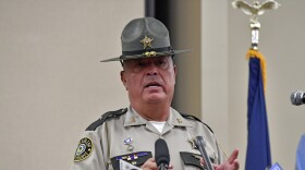 Laurel County sheriff John Root gives an update at the London Community Center in London, Ky., Sunday, Sept. 8, 2024, on the efforts to find the suspect in the Saturday shooting at Interstate 75 near Livingston, Ky. (AP Photo/Timothy D. Easley)