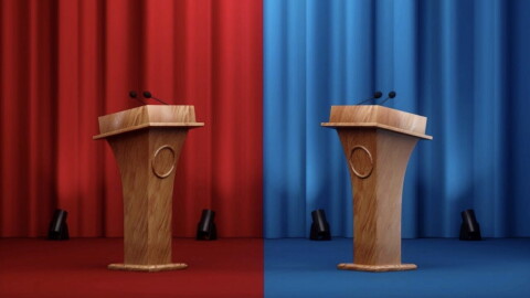 illustration showing two podiums with microphones facing each other, the one on the left is on a red stage with red curtains, on the right is a blue state and blue curtains 