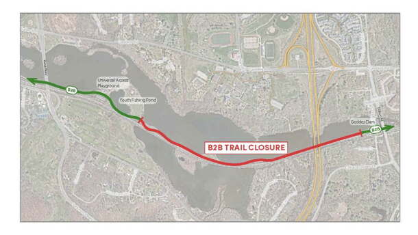 The B2B Trail in Gallup Park is closed, due to deteriorating culverts and the risk of sinkholes and will remain closed until the city confirms conditions are safe for reopening.