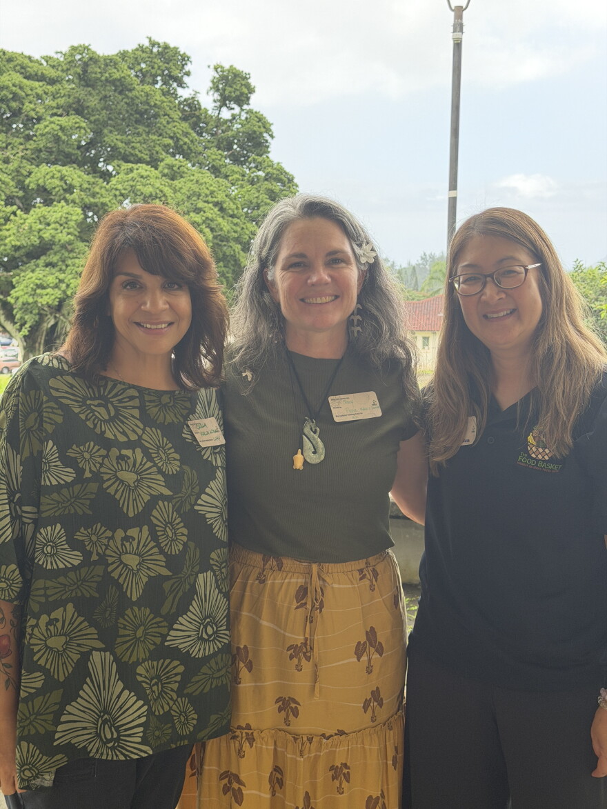 From left: Carla Blevins, the Hawaiʻi Island Community Health Center patient navigation program manager; Stacy Haumea, an HICHC registered dietician nutritionist; and Kerri Okamura, the Food is Medicine director at the Food Basket.