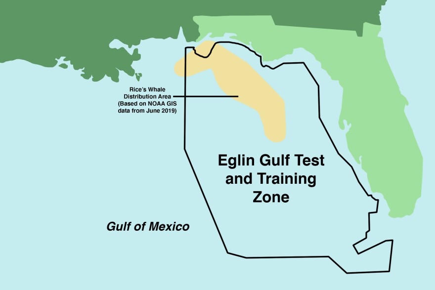 The area designated for the Eglin Gulf Test and Training Range and the Rice’s Whale Core distribution area according to 2019 NOAA data. (Lauren Whiddon/WUFT News)