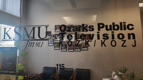 The KSMU sign on the station's entrance in Strong Hall (photo taken April 2, 2026).