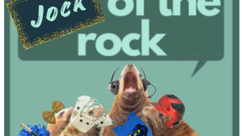 LOGO for Jock of the Rock, KMXT's once a month sports show hosted by mild-mannered reporter, Derek Clarkston.