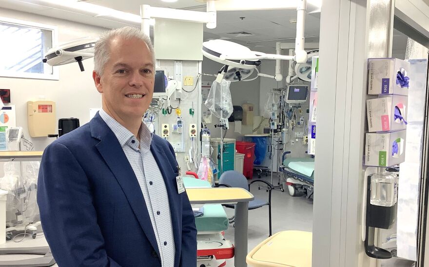 Madera Community Hospital chief executive officer Steve Stark stands at the entrance to the hospital’s 22-bay emergency department. The hospital has been closed for two years, during which time it went through extensive remodeling in preparation for reopening.