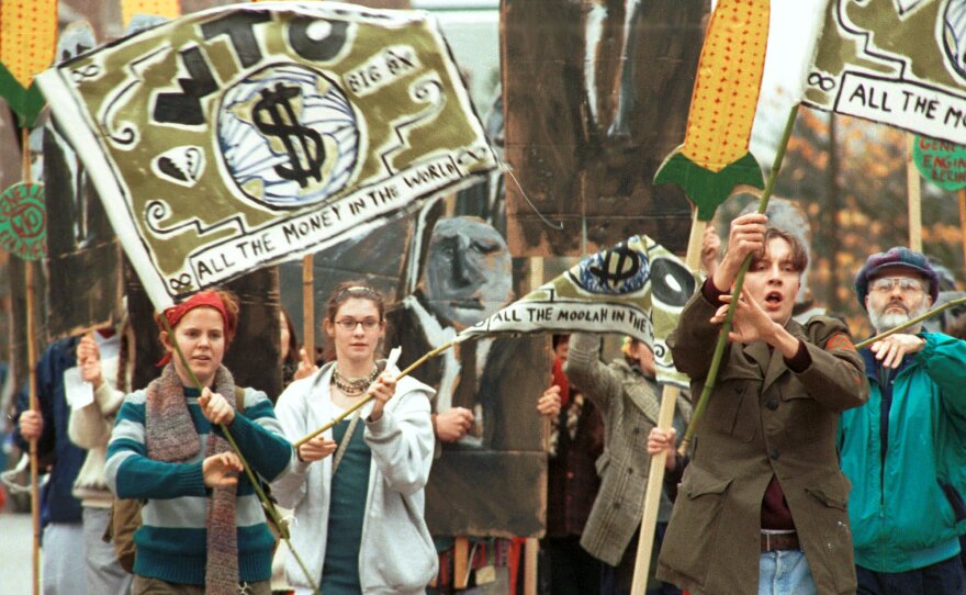 The Direct Action Network (DAN) and the ad-coalition of environmental and human rights groups protest against the World Trade Organization (WTO) at the University of Washington in Seattle on Tuesday, Nov. 23, 1999. 