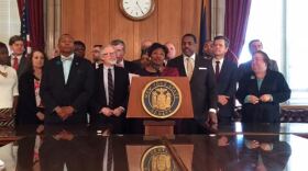 Senate Democratic Leader Andrea Stewart-Cousins and other Senate Democrats at a press conference to advocate for a single payer health care system for New York.