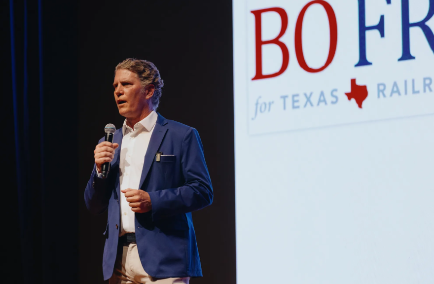 Republican candidate for Railroad Commissioner Bo French speaks at the Red River Roll Call, a Republican rally hosted by state Rep. Shelley Luther, in Sherman on July 27, 2026.