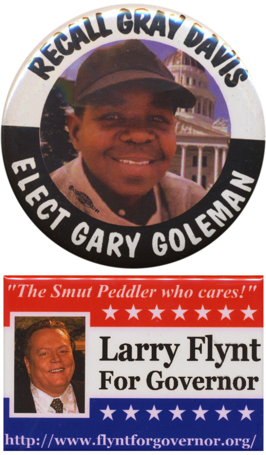 One thing so memorable about the 2003 California recall election was the fine caliber of potential governors on the ballot.  (And so what if this button misspelled Gary Coleman's name?)