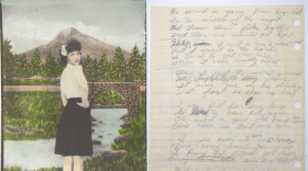 a photo from the 40s of a woman in a white top and black skirt standing facing a mural, looking over her shoulder at the camera, alongside of a photo of a discolored piece of notebook paper with a poem written in script, in pencil.