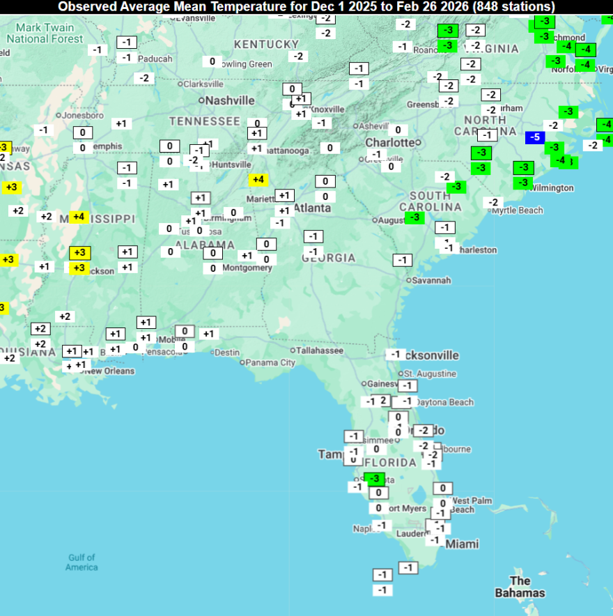 Winter average mean temperature anomaly across the Southeast.
