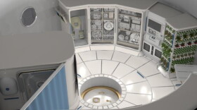 Illustration of the interior of a deep space habitat.