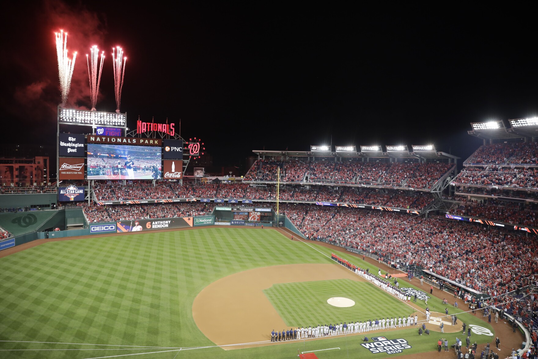 Fireworks go off during ceremonies at the start of Game 3 of baseball World Series between Houston Astros and Washington Nationals Friday, Oct. 25, 2019, in Washington.