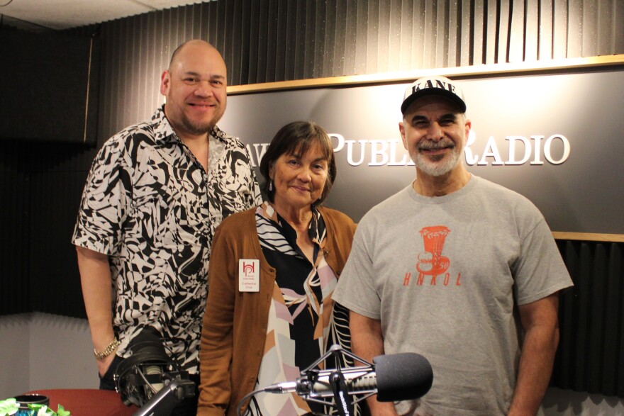 From left to right: Opera baritone Quinn Kelsey, HPR's Catherine Cruz, and kumu hula Patrick Makuakāne. 