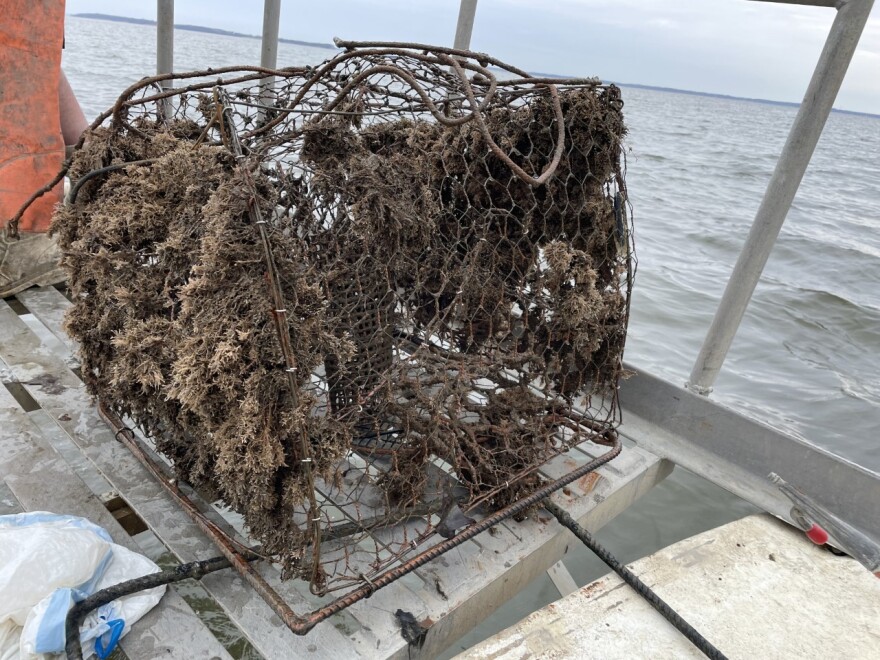 A broken down crab pot recovered from the Chesapeake Bay.