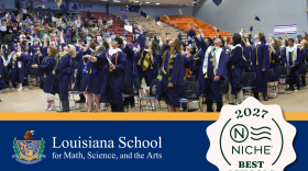 Photographed graduation with students throwing their caps and LSMSA reads in bold letters across the bottom