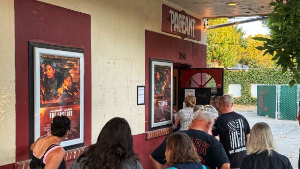 A crowd waits to see the first showing of "The Lost Bus" at The Pageant Theatre on Thursday, Sept. 25, 2025 in Chico, Calif.