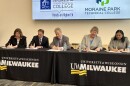 From left to right: MATC President Vicki Martin, WCTC President Richard Barnhouse, UWM Chancellor Mark Mone, MPTC President Bonnie Baerwald, and GTC President Ritu Raju sign a new transfer agreement between UWM and the tech colleges.