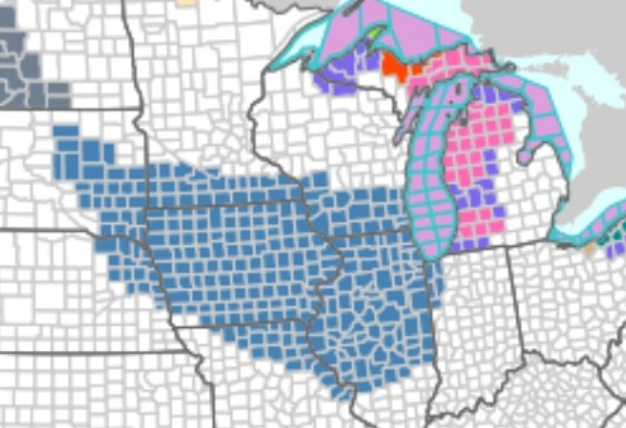 A map of the Upper Midwestern United States that shows much of the region under a Winter Storm Watch