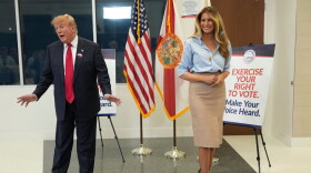 President Donald Trump speaks alongside first lady Melania Trump after casting his early-voting ballot for the 2026 midterm elections at the Palm Beach County Library in West Palm Beach, Fla., Saturday, Oct. 24, 2026. (AP Photo/Mark Schiefelbein)