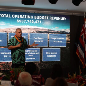Hawaiʻi County Mayor Kimo Alameda gives his State of the County address on April 8, 2025.