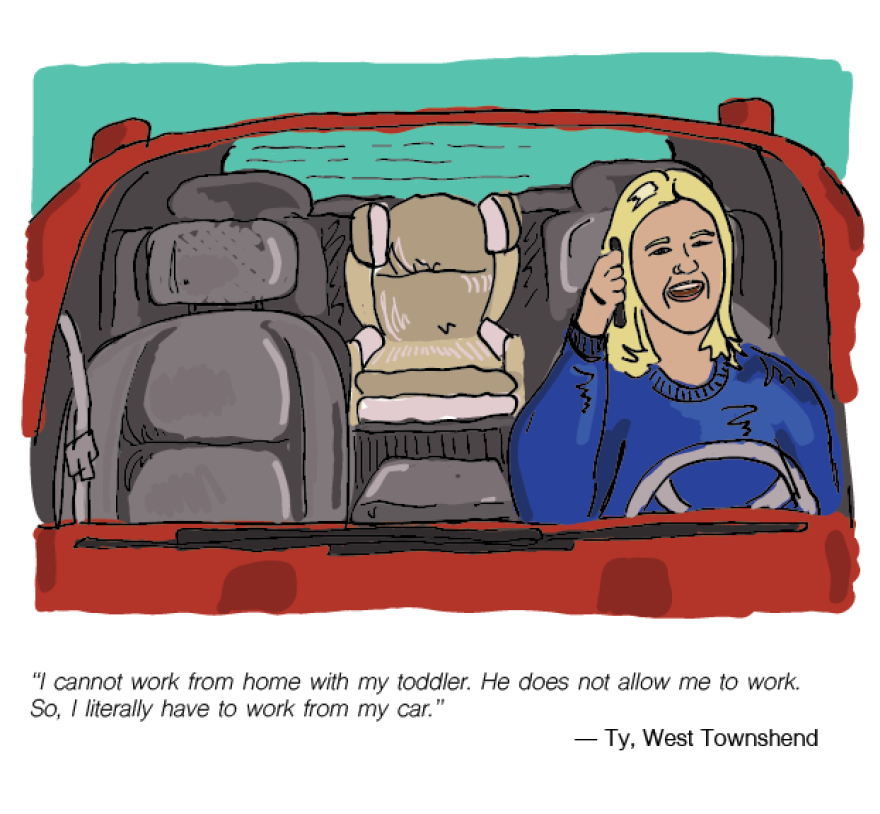 Illustration of a woman sitting in her car, talking on the phone. A baby seat is visible in the back seat. Text beneath the image reads "I cannot work from home with my toddler. He does not allow me to work. So, I literally have to work from my car," attributed to Ty from West Townshend.