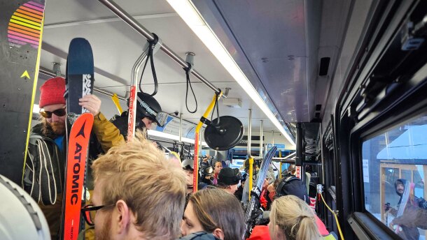 A very full ski bus stops at Brighton Ski Resort, Dec. 28, 2025.