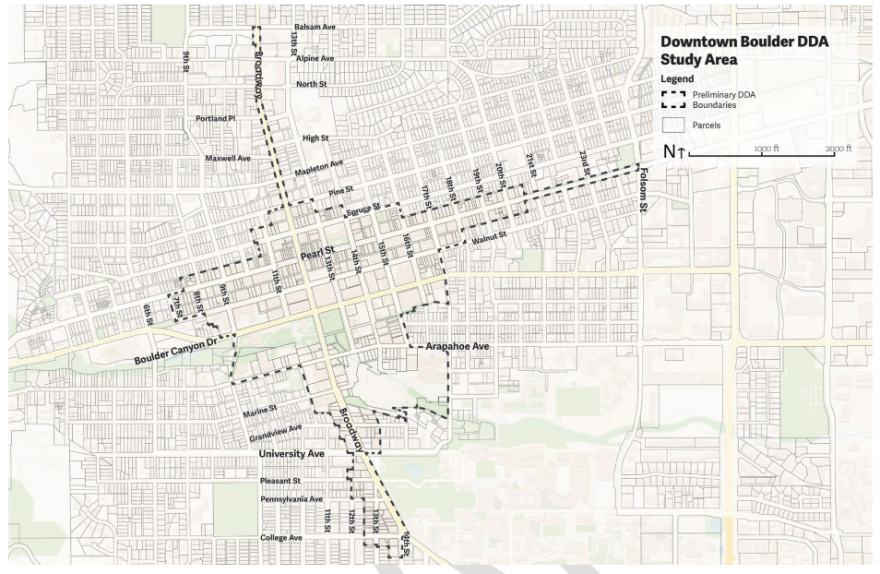 A map shows the proposed boundary for a new Downtown Development Authority in Boulder.