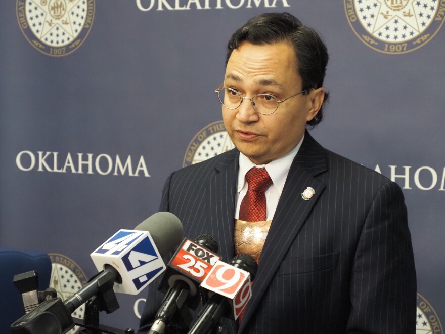 Cherokee Nation Principal Chief Chuck Hoskin, Jr. talks to the media during the tribe’s legislative advocacy day on Feb. 28, 2024.