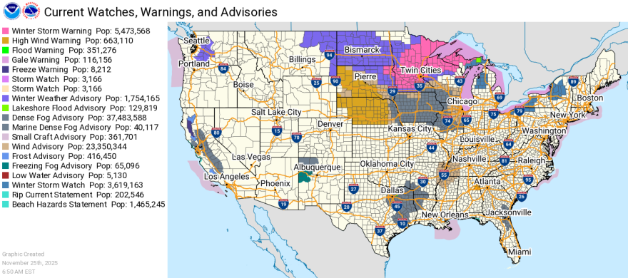 Nationwide weather alert map on Tuesday, Nov. 25, 2025.