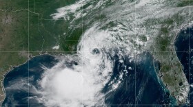 This NOAA satellite image taken at 11:40 a.m. EDT on Wednesday, July 22, 2026, shows Tropical Storm Bertha in the Gulf of Mexico moving toward the edge of Louisiana.