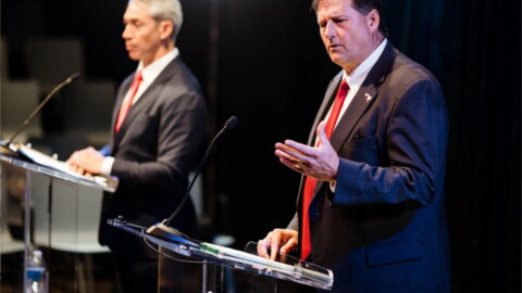 Former San Antonio Mayor Ron Nirenberg, left, and Republican Patrick Von Dohlen, right participate in a Bexar County Judge debate at Texas Public Radio’s Irma & Emilio Nicolas Media Center.