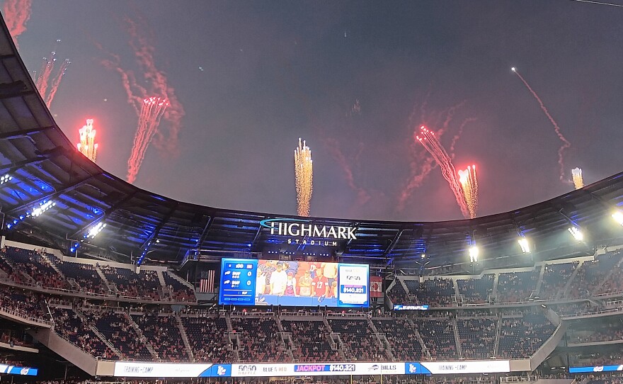 Fireworks were set off at Highmark Stadium near the conclusion of the 'Return of the Blue and Red' practice Saturday, August 8, 2026 at Highmark Stadium. A larger display followed outside the stadium, marking the first public event in the new Buffalo Bills home.