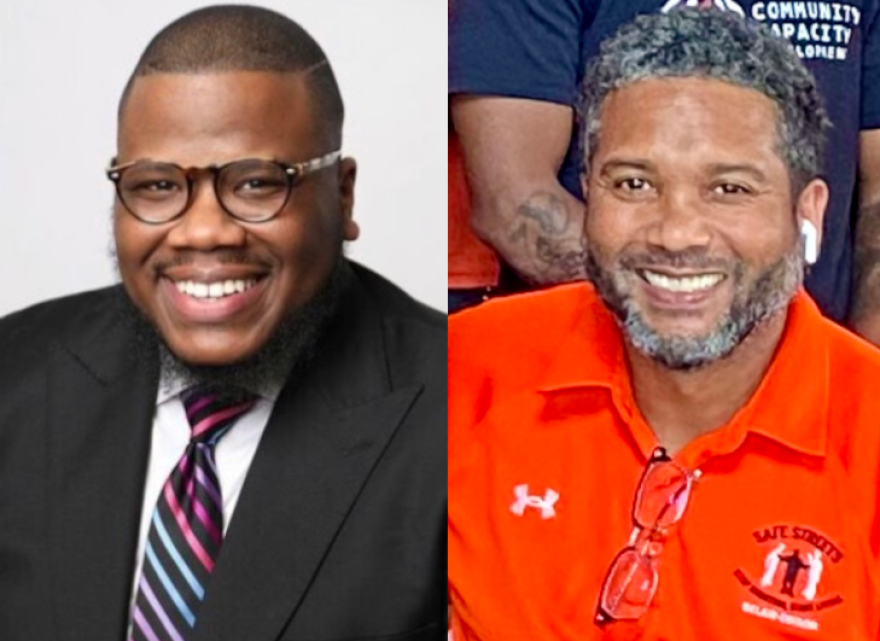 Rashad Singletary (left) is Assoc. Director of Gun Violence Prevention in The Mayor's Office of Neighborhood Safety and Engagement (MONSE). He previously served with Safe Streets Baltimore as Site Director in Franklin Square-Park Heights. Dante Johnson is Site Director for Safe Streets Belair-Edison, in Northeast Baltimore.