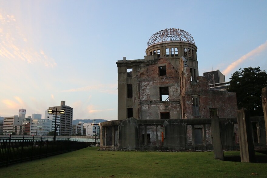 The Peace Memorial in Hiroshima, still bearing the scars of the bombing.