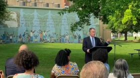 Indianapolis Mayor Joe Hogsett speaks at park celebration.