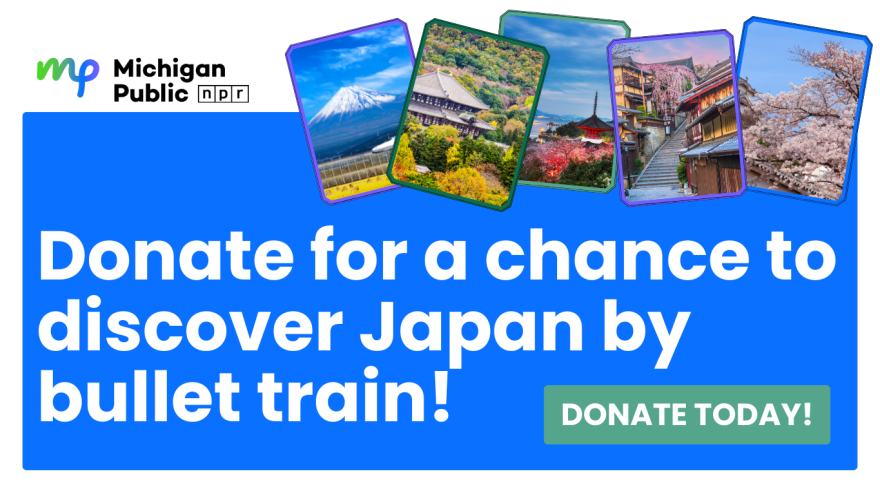 graphic with images of scenery in Japan with text that says "enter to win a trip to japan by bullet train"