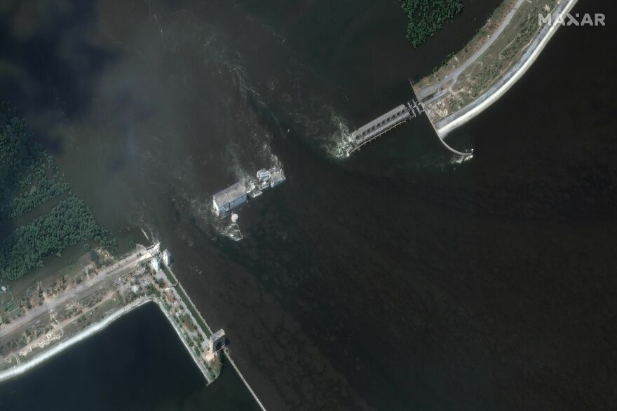 The remains of the Kakhovka Dam as seen by satellite on June 7, 2023. Seismologists claim to have seen an explosive signal around the time of the dam's collapse.